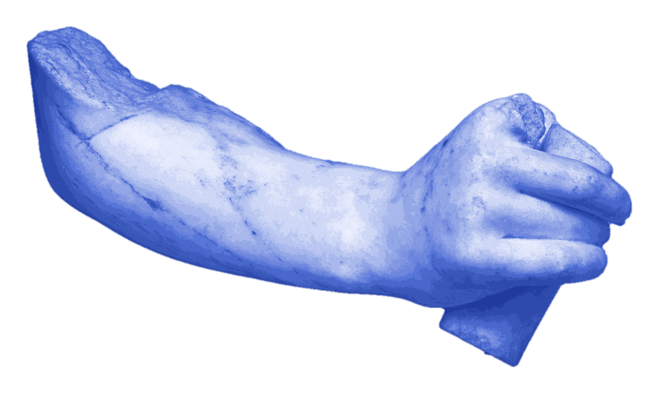 Sculpted forearm and closed hand, tinted blue