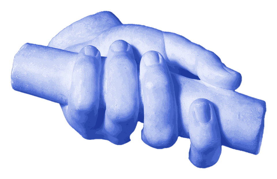 Sculpted hand gripping a rod, tinted blue