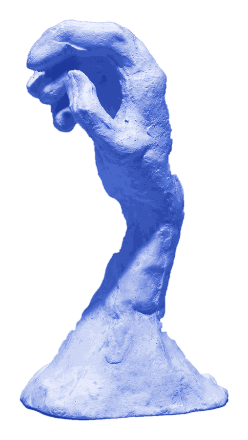 Sculpted study of a raised hand on a base, tinted blue