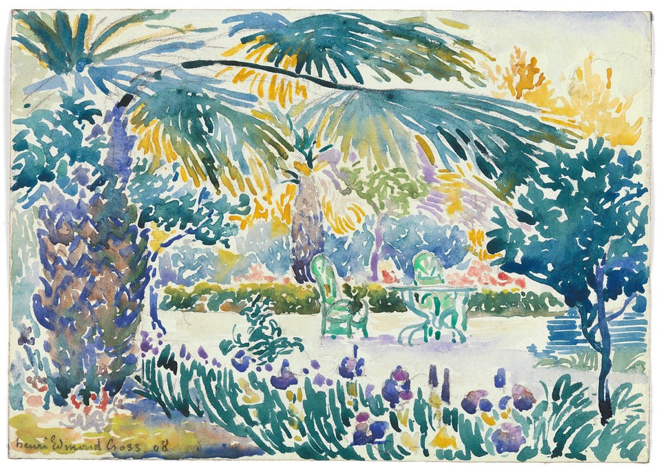 Watercolour of a garden with palm trees, a table and two chairs